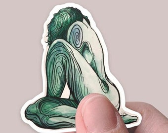 Watercolor Green Woman Sticker, Waterproof Laptop Decal
