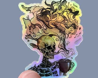 Skeleton with Coffee sticker, holographic vinyl sticker, matte sticker, decal sticker for laptops, cars, hydroflask, toolbox, waterproof