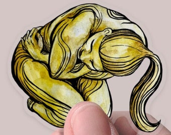 Watercolor yellow woman sticker, vinyl matte sticker, white backing, decal sticker for laptops, cars, hydroflask, toolbox, waterproof