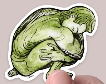 Watercolor green man sticker, matte vinyl sticker, white backing, decal sticker for laptops, cars, hydroflask, toolbox, waterproof