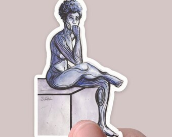 Watercolor blue thinking woman sticker, matte vinyl sticker, decal sticker for laptops, cars, hydroflask, toolbox, waterproof