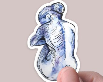 Watercolor blue woman sticker, vinyl sticker, matte sticker, decal sticker for laptops, cars, hydroflask, toolbox, waterproof