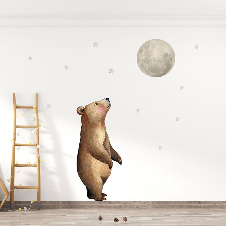 Adhesivo de pared de acuarela con oso y luna, adhesivo para pared de habitación infantil, lámina adhesiva, animales del bosque, animales, pegatina de pared para habitación de bebé, oso y luna W74 imagen 3