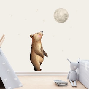 Adhesivo de pared de acuarela con oso y luna, adhesivo para pared de habitación infantil, lámina adhesiva, animales del bosque, animales, pegatina de pared para habitación de bebé, oso y luna W74 imagen 4