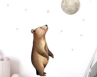 Bear and moon watercolor wall sticker children's room wall sticker adhesive sheet forest animals animals baby room wall sticker bear moon W#74