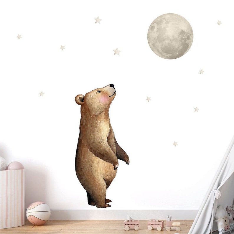 Adhesivo de pared de acuarela con oso y luna, adhesivo para pared de habitación infantil, lámina adhesiva, animales del bosque, animales, pegatina de pared para habitación de bebé, oso y luna W74 imagen 1