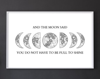 Månfascitat Väggdekoration | Himmelsk konsttryck | Inspirerande citat Månfaser Poster Minimalistiskt tryck Häxdekor & Väggbonad