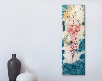 Turquoise Blue Wall Art with Unalome | Acrylic Pour Painting on Canvas | Abstract Painting on Canvas Fluid Art & Modern Wall Decor