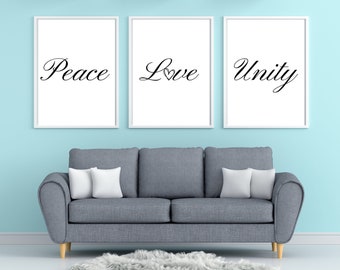 Peace Love Unity Set of 3 Word Art Print Minimalist Print Digital Download Print Black and White Word Printable Wall Art Two Design Options