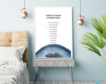 May include: A white framed print with a blue and white agate slice image and text that reads "Throat Chakra Affirmations" and lists affirmations such as "I am communicative", "I am empathetic", "I am expressive", "I am truthful", "I am confident", "I am peaceful", "I am creative", "I am strong", "I am gentle", and "I am calm".