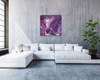 24x24in Acrylic Painting Pour on Canvas Original Art | Titled Pink Bliss Reiki Infused | Pink, Purple, & White by Berkeley Clements