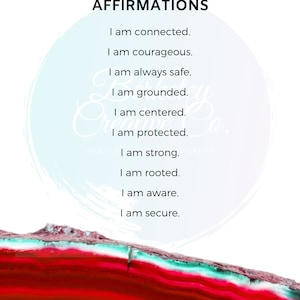 May include: A white background with blue watercolour-like strokes. Text reads "ROOT CHAKRA AFFIRMATIONS" and lists affirmations: "I am connected. I am courageous. I am always safe. I am grounded. I am centered. I am protected. I am strong. I am rooted. I am aware. I am secure."