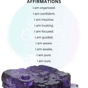 May include: Purple amethyst crystal against a white background with the text "BROW CHAKRA AFFIRMATIONS" and a list of affirmations: "I am organised. I am confident. I am intuitive. I am trusting. I am focused. I am guided. I am aware. I am awake. I am pure. I am sure."