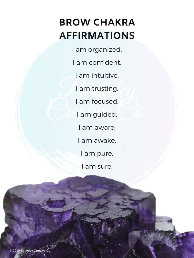May include: Purple amethyst crystal against a white background with the text "BROW CHAKRA AFFIRMATIONS" and a list of affirmations: "I am organised. I am confident. I am intuitive. I am trusting. I am focused. I am guided. I am aware. I am awake. I am pure. I am sure."
