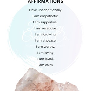 May include: A pink and white watercolour background with a list of affirmations for the heart chakra. The text reads: "HEART CHAKRA AFFIRMATIONS I love unconditionally. I am empathetic. I am supportive. I am receptive. I am forgiving. I am at peace. I am worthy. I am loving. I am joyful. I am calm."