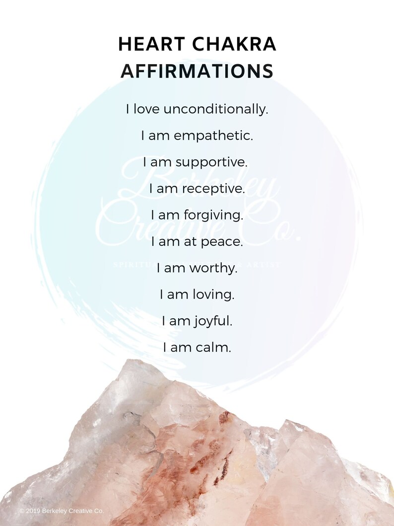 May include: A pink and white watercolour background with a list of affirmations for the heart chakra. The text reads: "HEART CHAKRA AFFIRMATIONS I love unconditionally. I am empathetic. I am supportive. I am receptive. I am forgiving. I am at peace. I am worthy. I am loving. I am joyful. I am calm."