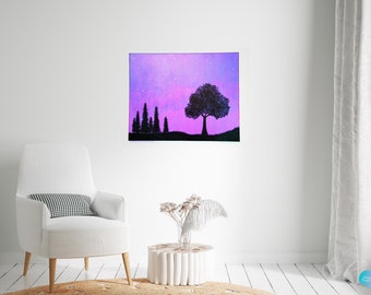 Dusk Landscape Painting | Iridescent Acrylic Painting on Canvas | Canvas Art & Modern Wall Décor | Magenta and Purple Sunset