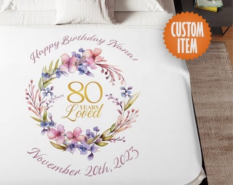 Personalized 80th Birthday Gift for Women | 80 Years Loved - Floral 80th Birthday Customizable Blanket for Her