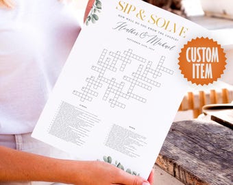 Sip and Solve - Wedding Crossword Puzzle | Personalized Wedding Signage | Custom Wedding Decorations
