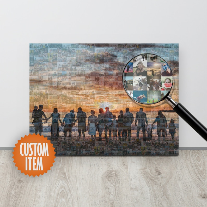 May include: A photo mosaic of a group of people standing on a beach at sunset. The mosaic is made up of many smaller photos, and a magnifying glass is used to show a close-up of some of the photos.