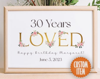 30th Birthday Decorations for Women - 30 Years Loved | 30th Birthday Sign | 30th Birthday Poster