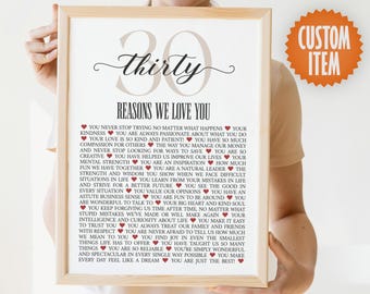 30 Reasons We Love You | 30th Birthday Sign | Personalized 30th Birthday Gift