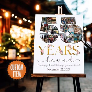 55th Birthday Decorations for Her | 55 Years Loved - 55th Birthday Photo Collage Sign | Personalized 55th Birthday Gift