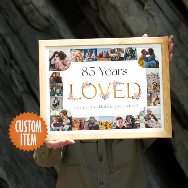 85th Birthday Decorations for Her | 85th Birthday Photo Collage Sign | 85 Years Loved Floral Picture Collage