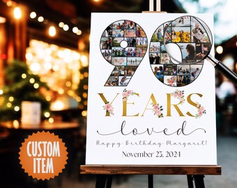 90th Birthday Decorations for Her | 90 Years Loved - 90th Birthday Photo Collage Sign | Personalized 90th Birthday Gift