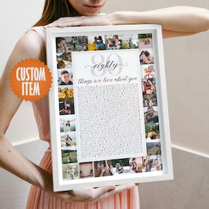 May include: A white framed custom photo collage with the text "eighty things we love about you." The collage includes a central section with text and photos, surrounded by smaller photos. An orange "CUSTOM ITEM" sticker is in the corner.