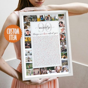 May include: A white framed custom photo collage with the text "ninety things we love about you." The collage includes a central section of text surrounded by multiple small photos. An orange sticker on the left says "CUSTOM ITEM."