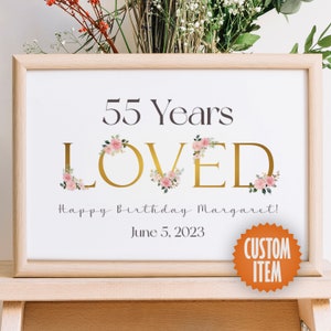 55th Birthday Decorations for Women - 55 Years Loved | 55th Birthday Sign | 55th Birthday Poster