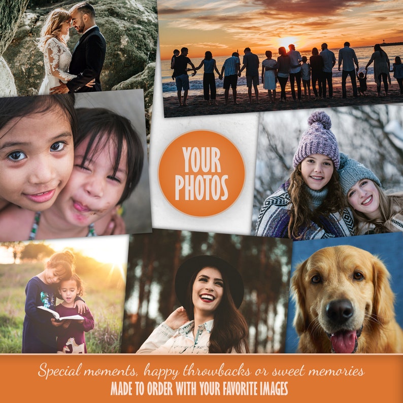 Op de afbeelding: Een collage van foto's die verschillende momenten en mensen laten zien. De foto's bevatten een stel, een groep mensen op een strand, twee jonge meisjes, een vrouw met een hoed, twee meisjes in winterkleding en een golden retriever. De tekst "JOUW FOTO'S" staat in een cirkel in het midden van de collage.