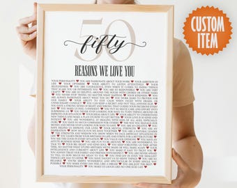 50 Reasons We Love You | 50th Birthday Sign | Personalized 50th Birthday Gift