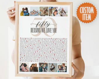 50th Birthday Decorations: 50 Reasons We Love You - Custom Photo Collage Sign | Personalized 50th Birthday Gift for Him or Her