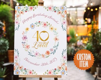 40th Birthday Decorations for Women | Personalized 40th Birthday Sign | 40 Years Loved - 40th Birthday Floral Poster or Canvas