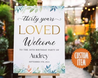 30th Birthday Welcome Sign - Thirty Years Loved | Personalized 30th Birthday Decorations
