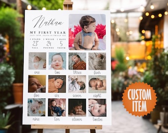 Baby's First Year Birthday Sign - Editable Milestone Photo Collage Board | Personalized Party Decorations