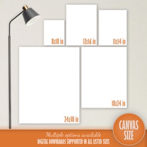 Op de afbeelding: Een witte canvas mockup met verschillende opties voor afdrukgroottes. De maten zijn 8x10 inch, 12x16 inch, 11x14 inch, 18x24 inch en 24x30 inch. De tekst "CANVAS SIZE" is in oranje en wit.