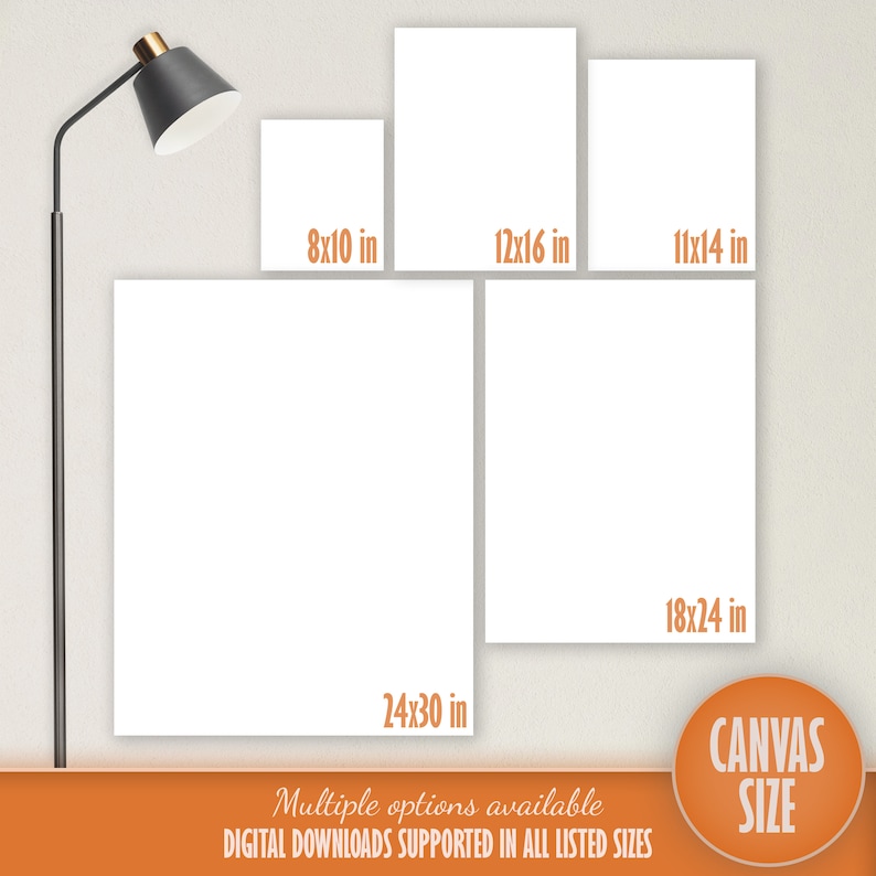 Op de afbeelding: Een witte canvas mockup met verschillende opties voor afdrukgroottes. De maten zijn 8x10 inch, 12x16 inch, 11x14 inch, 18x24 inch en 24x30 inch. De tekst "CANVAS SIZE" is in oranje en wit.