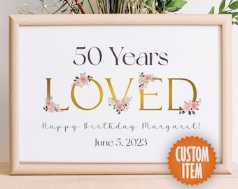 50th Birthday Decorations for Women - 50 Years Loved | 50th Birthday Sign | 50th Birthday Poster