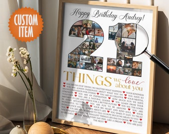 21st Birthday Decorations for Her | 21 Things We Love About You - 21st Birthday Photo Collage Sign | Personalized 21st Birthday Decor