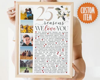 25 Reasons We Love You | 25th Birthday Poster or Canvas | 25th Birthday Photo Collage Sign