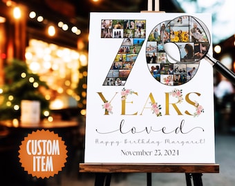 70th Birthday Decorations for Her | 70 Years Loved - 70th Birthday Photo Collage Sign | Personalized 70th Birthday Gift