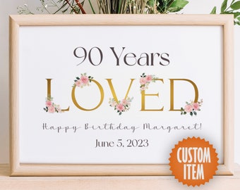 90th Birthday Decorations for Women - 90 Years Loved | 90th Birthday Sign | 90th Birthday Poster