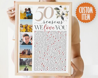 50 Reasons We Love You | 50th Birthday Poster or Canvas | 50th Birthday Photo Collage Sign