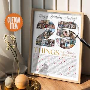 25th Birthday Decorations for Her | 25 Things We Love About You - 25th Birthday Photo Collage Sign | Personalized 25th Birthday Decor
