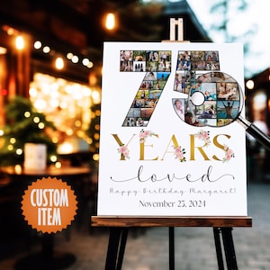 75th Birthday Decorations for Her | 75 Years Loved - 75th Birthday Photo Collage Sign | Personalized 75th Birthday Gift