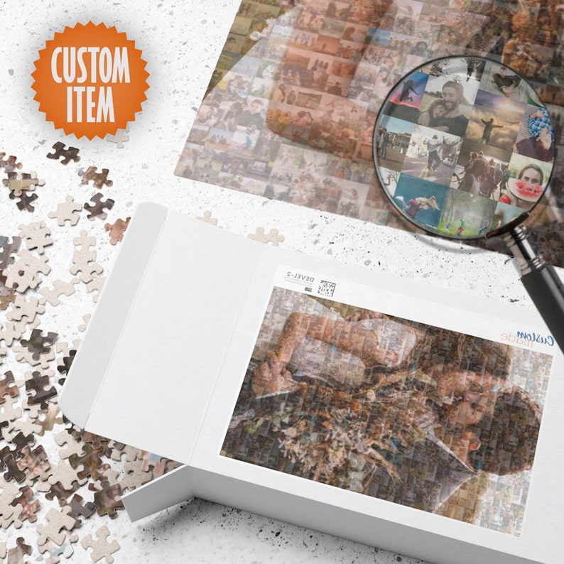 Peut inclure: Une bo&icirc;te blanche contenant un puzzle en mosa&iuml;que photo. Le puzzle repr&eacute;sente un gros plan d'un couple qui s'embrasse. La bo&icirc;te porte l'inscription "Custom Made" sur le c&ocirc;t&eacute;.