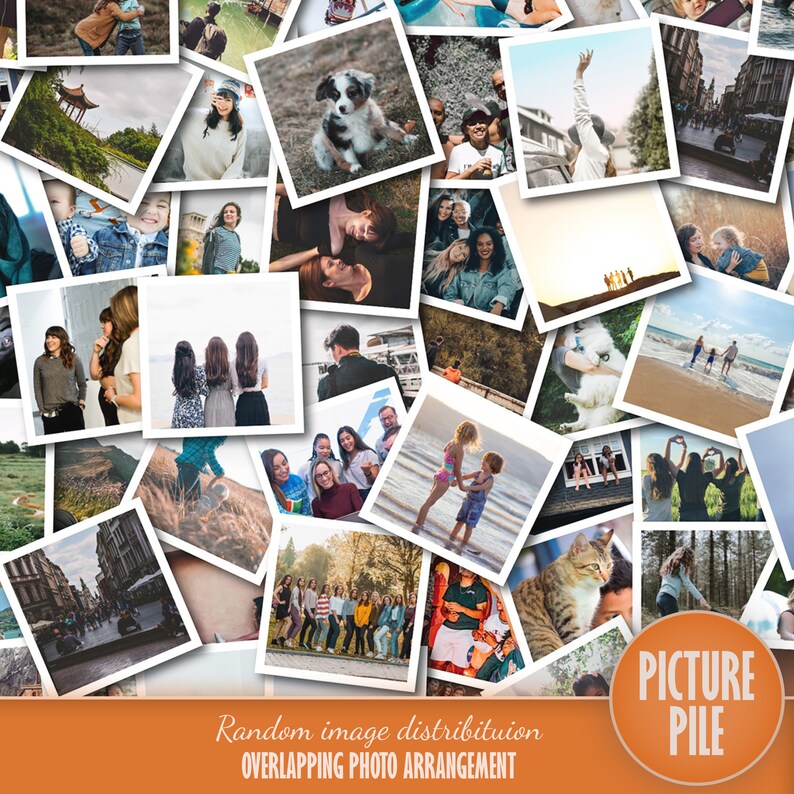 May include: A collage of various photos, including people, animals, and landscapes, arranged in a random, overlapping pattern. The photos are printed on white paper and have a white border. The text "Picture Pile" is printed in white on a orange background at the bottom of the image.